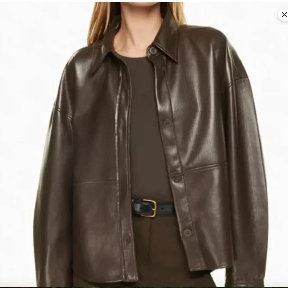 Aritzia Babaton Dark Brown Faux Leather Shirt Jacket Size Small LIKE NEW - Picture 3 of 7